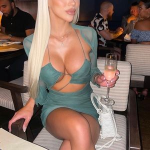 COPY - Pretty little thing shape deep green mesh lace up overlay bodycon dress